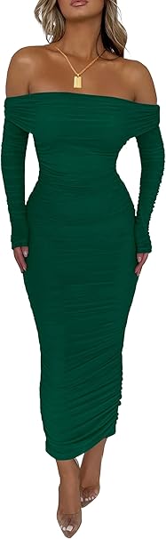 PRETTYGARDEN Women's Fall Off The Shoulder Maxi Dress Spring Long Sleeve Ruched Fitted Bodycon Club Dresses with Slit