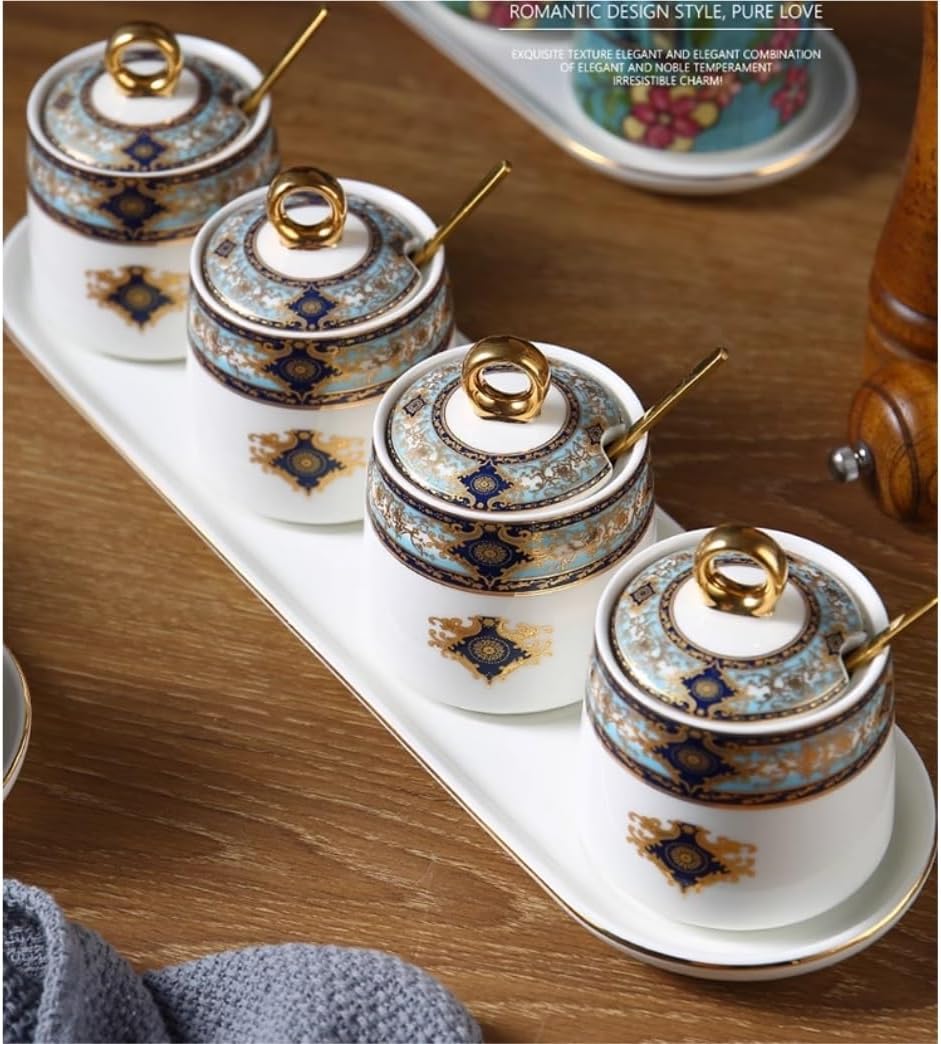 Salt and Sugar Container Sets Ceramic Condiment Container Set with Spoon Lid and Tray Condiment Container Seasoning Box Set Seasoning Jar Kitchen Counter,B-4pcs