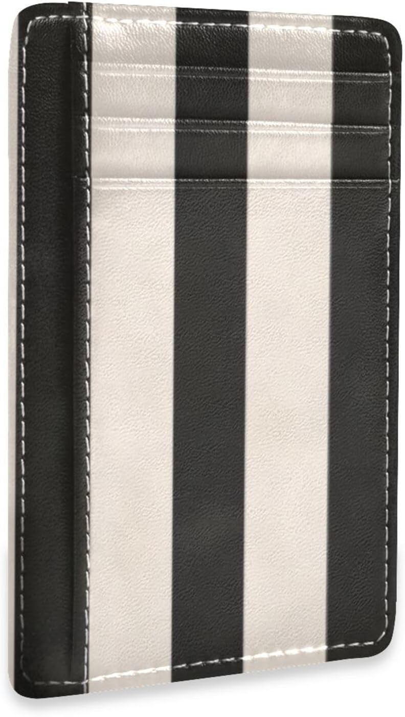 Black White Stripe Slim Wallet Minimalist Front Pocket RFID Blocking Wallets for Men and Women - Thin Leather Credit Card Holder with 6 Card Slots and 1 Pocket