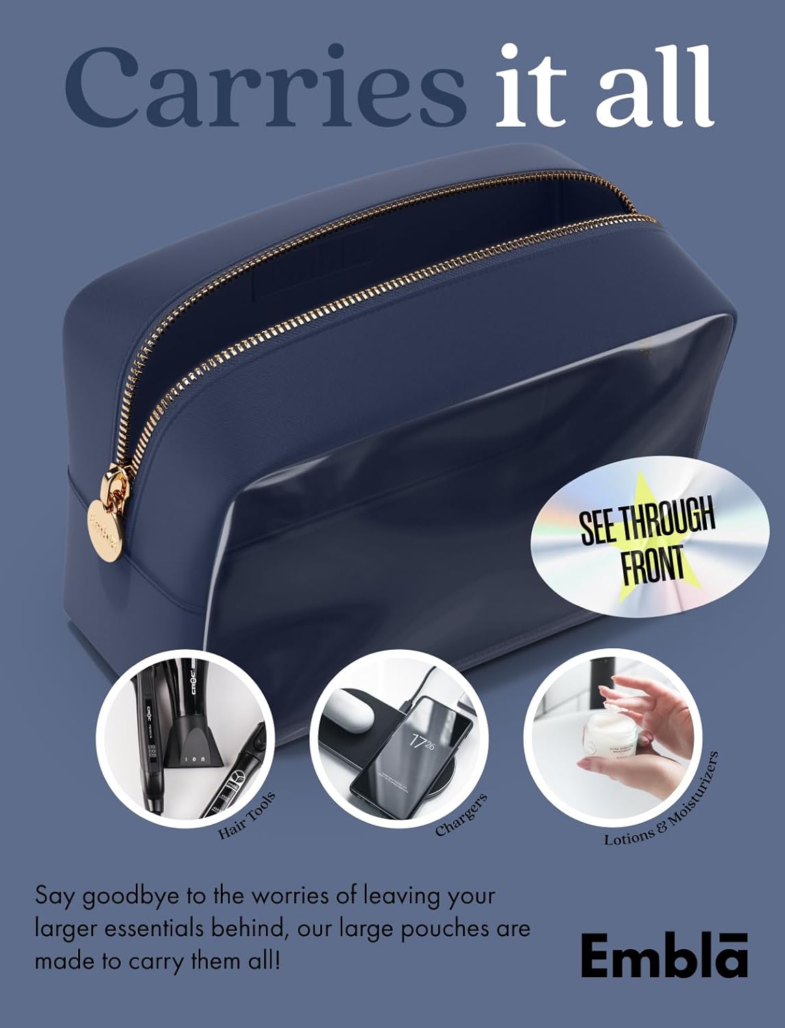 Embla Clear Large Makeup Bag and Waterproof Nylon Travel Toiletry Bag, See Through Cosmetic Zipper Pouch, Navy Blue - Image 4