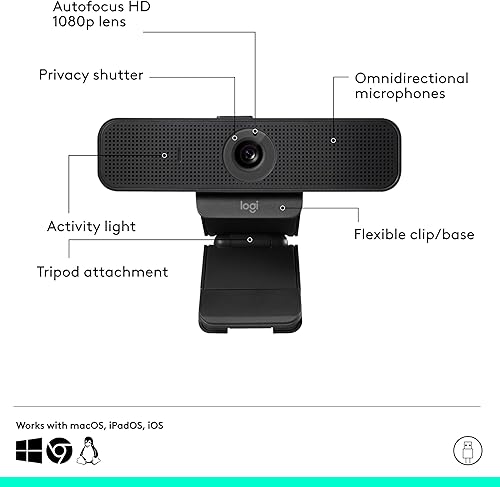 Miniatura 7 de Logitech Cámara web empresarial C925e, video HD 1080p/30fps, corrección de luz, enfoque automático, audio claro, obturador de privacidad, funciona