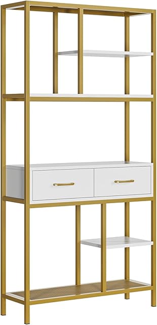 HOCSOK Modern Bookshelf, 5 Tier Bookcase with Gold Metal Frame and Drawers, Wooden Bookcase Storage Cabinet for Home and Office