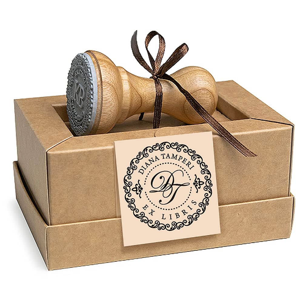 Iniciales Nombre Sello Ex libris Personalizado, 2 Letras Borde Decorativo Elegante Monograma, Hecho a Mano Regalo Amante de Libros en Caja Especial