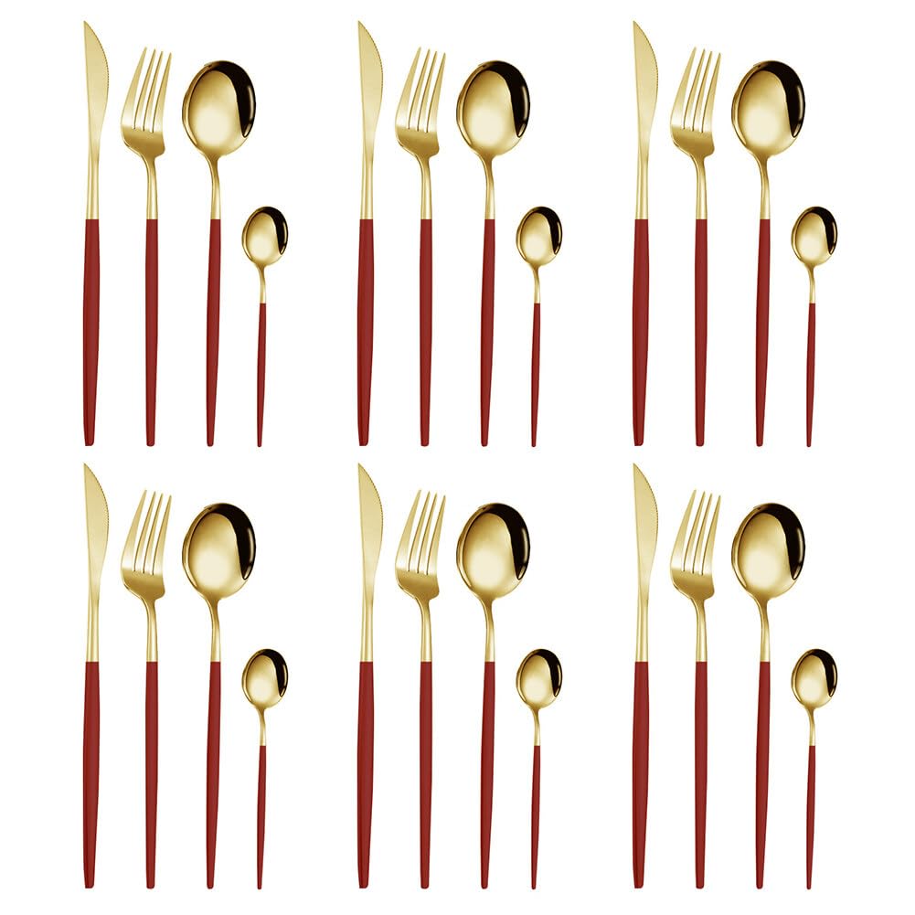 Couverts de Table en Acier Inoxydable, Lot de 24 Ensemble d'ustensiles Avec Couteau à Steak, Fourchette et Cuillère, Set de Couverts pour 6 Personnes avec Boîte, Cadeau de Noël (Or Rouge)