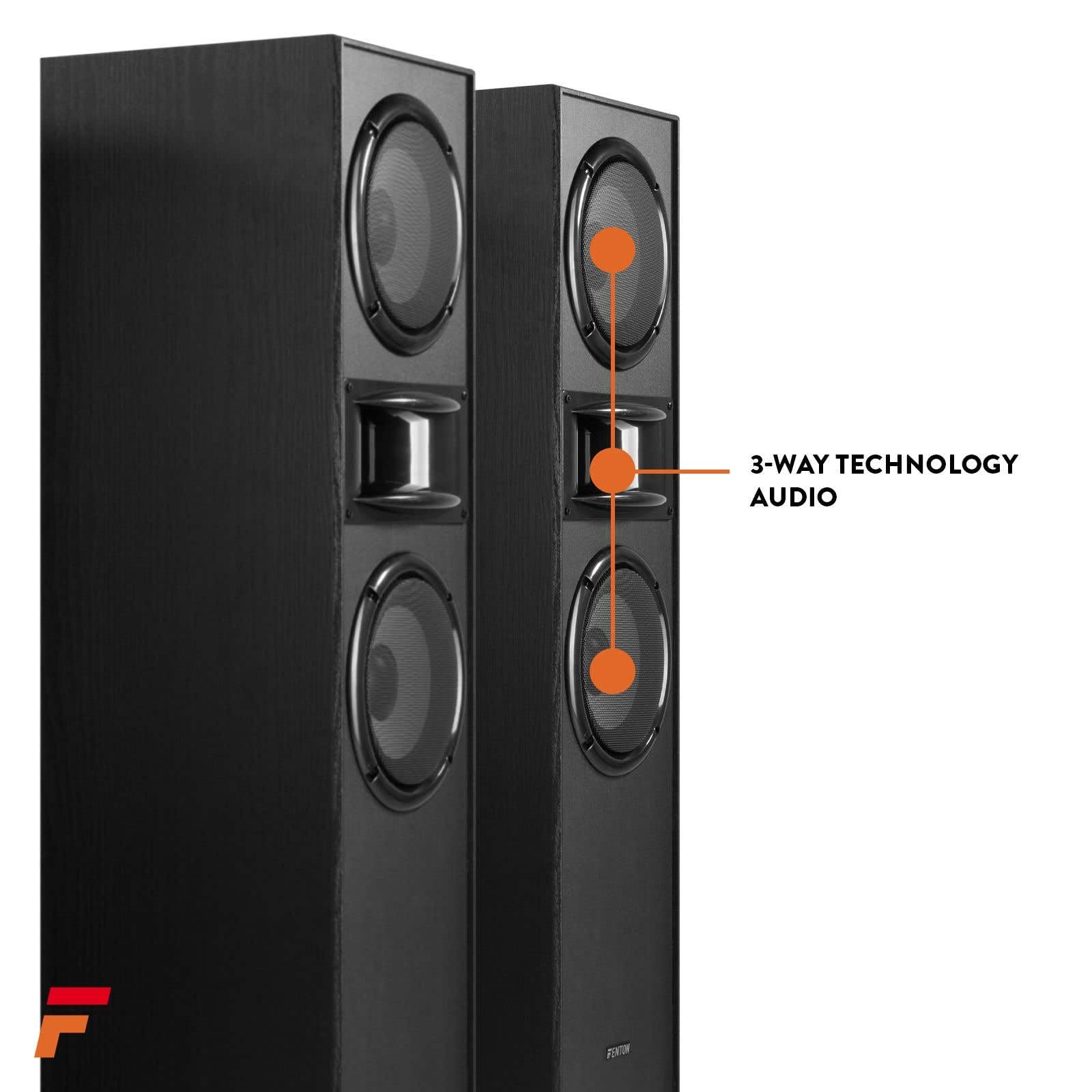 Fenton SHF700B - Paire d'Enceintes HiFi - Noir, Puissance de 400W, Woofer 2X 6,5 Pouces, Technologie 3 Voies, Borniers à Vis Plaqués Or, Pieds en Caoutchouc Antidérapant