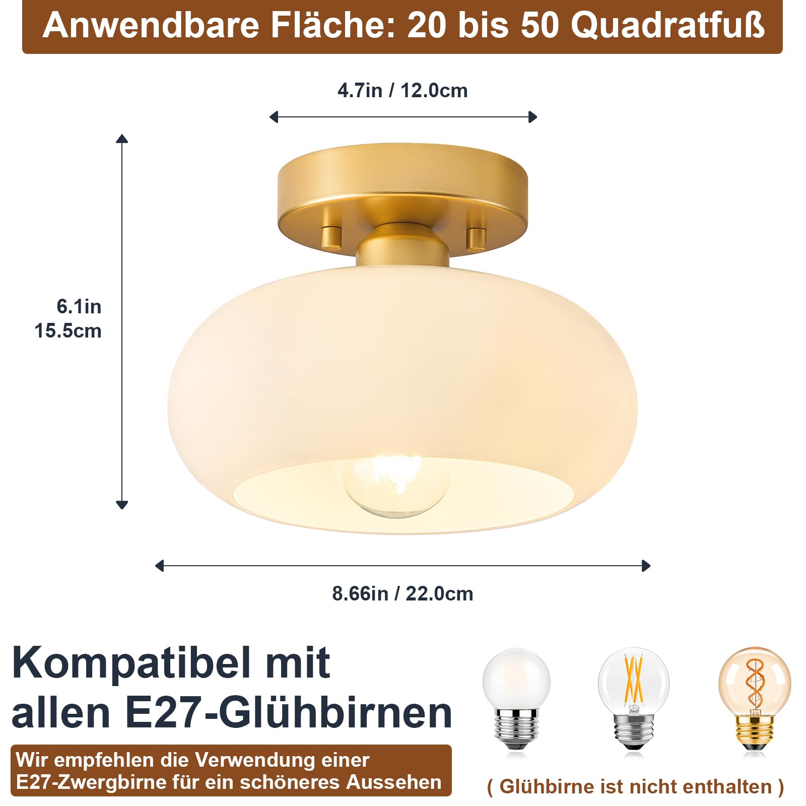 WOKNOS Moderne Weiße Glas Deckenleuchte,Gold Mit Metallsockel,Sockel E27 Deckenlampe,Deckenlampe für Wohnzimmer Schlafzimmer Küche Flur Esszimmer(22CM) | E27-Sockel, ideal zur Beleuchtung von Fluren, Küchen, Schlafzimmern und Wohnzimmern
