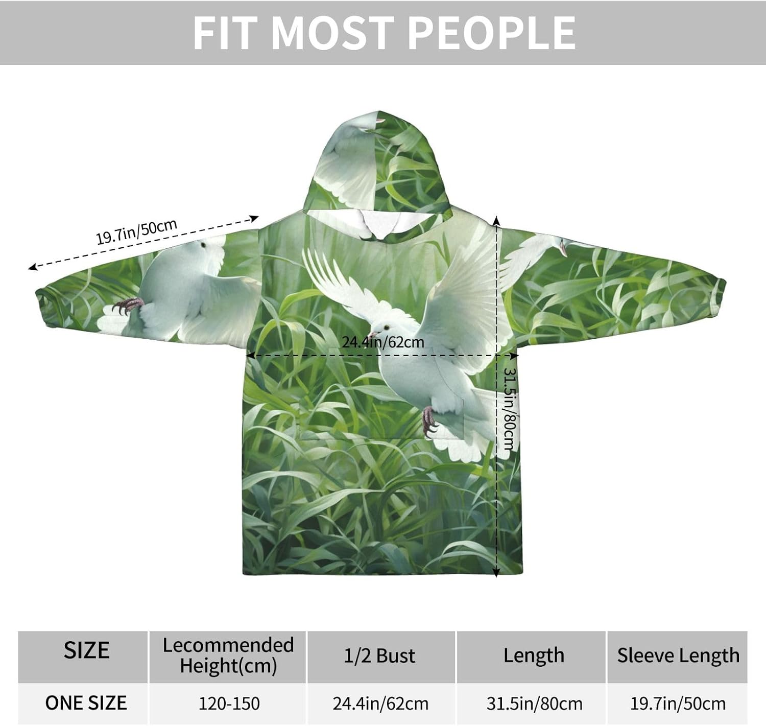 Grass And Dove Print Oversized Blanket Hoodie, Wearable Blanket Hooded,Hooded Pullover With Pocket