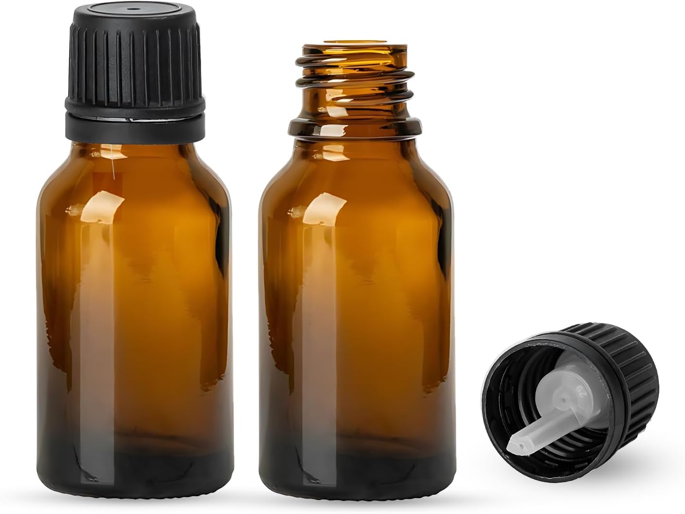 Glass Euro Round Bottles with Tamper-Evident Caps | 18/415 Neck Finish, Glass Bottles for Essential Oils, Perfumes, Serums, Beauty & Personal Care, 15 ml, 312 Pack (Amber, Black Tamper Evident Cap)