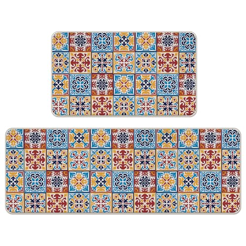 Livcoz Boho Moroccan Tile Traditional Kitchen Rugs Set of 2, Colorful Vintage Ceramic Portugal Azulejo Mediterranean Floor Mats Home Decor, Ethnic Mexican Door Mat Decorations - 17x29 and 17x47 Inches