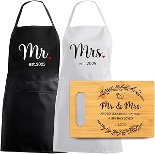 Mr & Mrs Aprons with Pocket Cutting Board Gifts Set for Couples 2025, Unique Gifts for Wedding Engagement Bridal Shower, Best Housewarming Gifts for Newlywed from Friends
