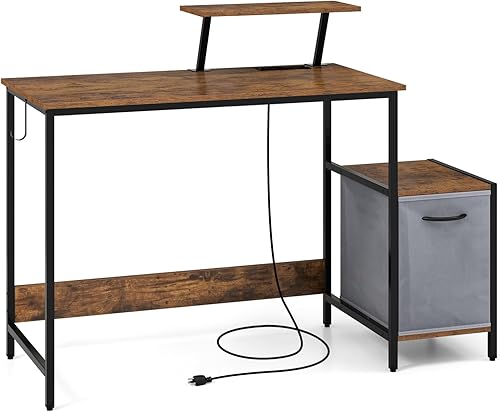 IFANNY Escritorio para computadora con almacenamiento, escritorio con cajón de tela, estantes reversibles y soporte para monitor, escritorio de