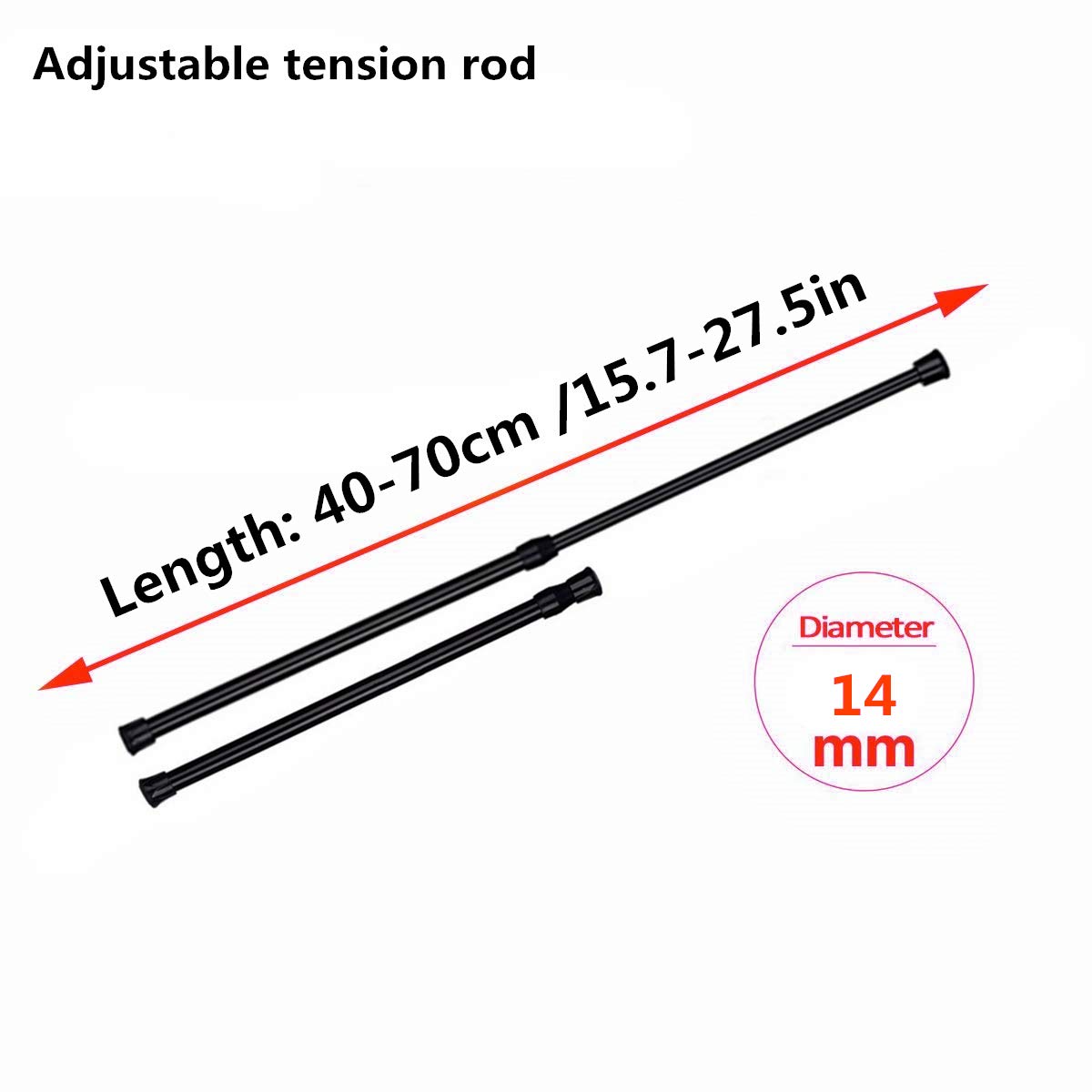 Wellgoods 2-Pack Adjustable Tension Rods 40-70cm - Black | Heavy Duty No Drill Shower Curtain Rods | Spring-Loaded Closet, Kitchen, Bathroom Organizer