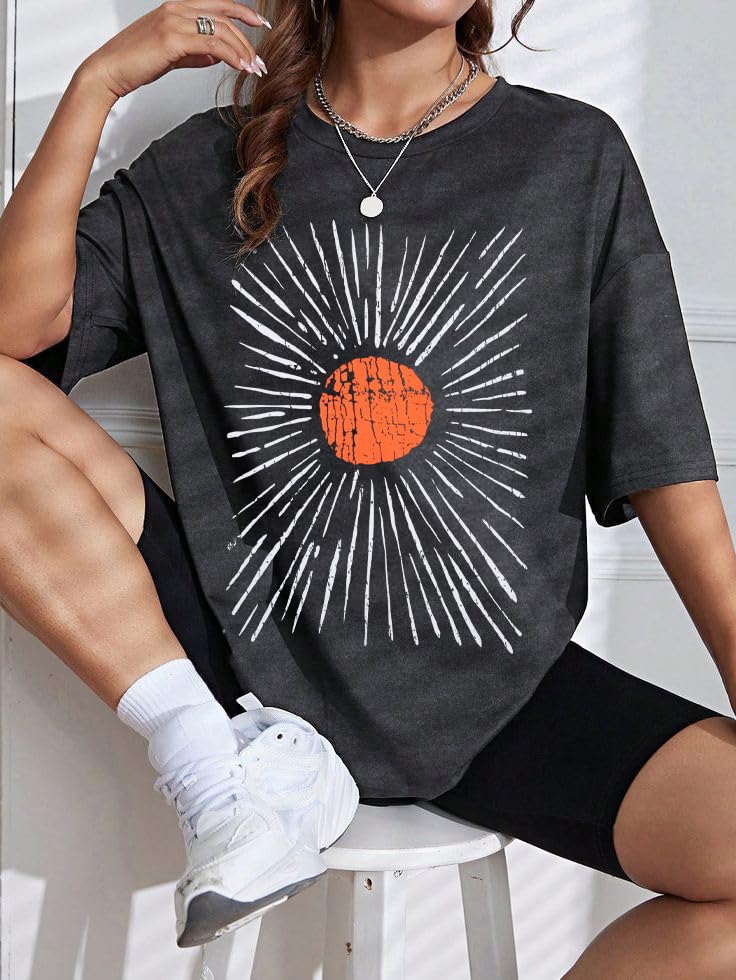 Womens Oversized Tee Shirts Vintage Sunshine Graphic Tees Hiking T-Shirts Boho Summer Short Sleeve Top4