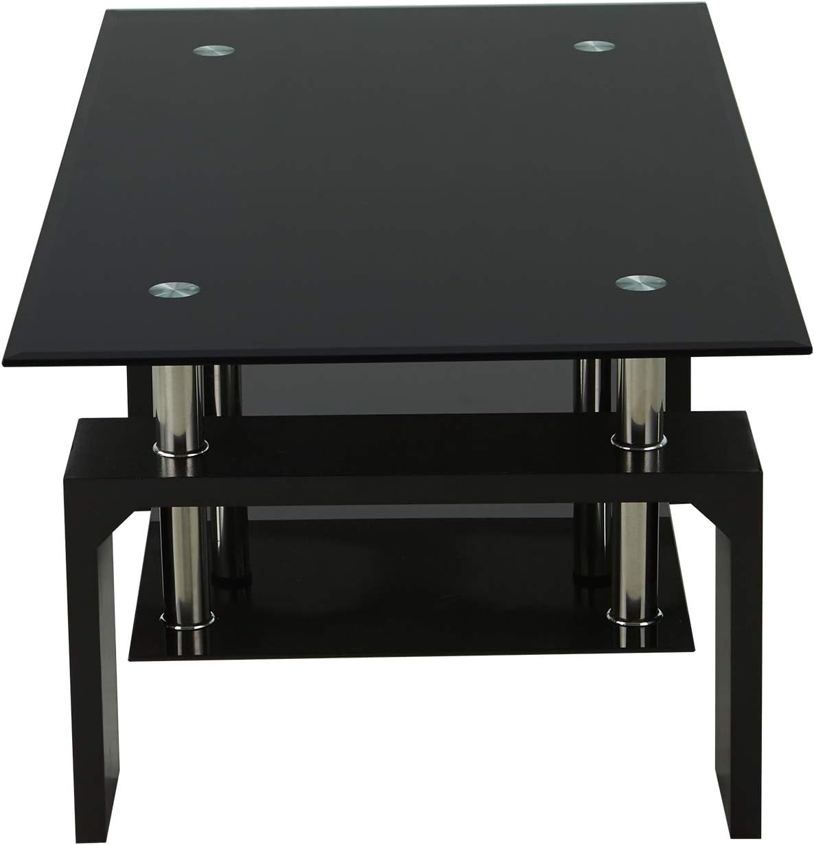 Rectangle Glass Coffee Table - Modern Side Coffee Table with Lower Shelf Black Wooden Legs for Living Room