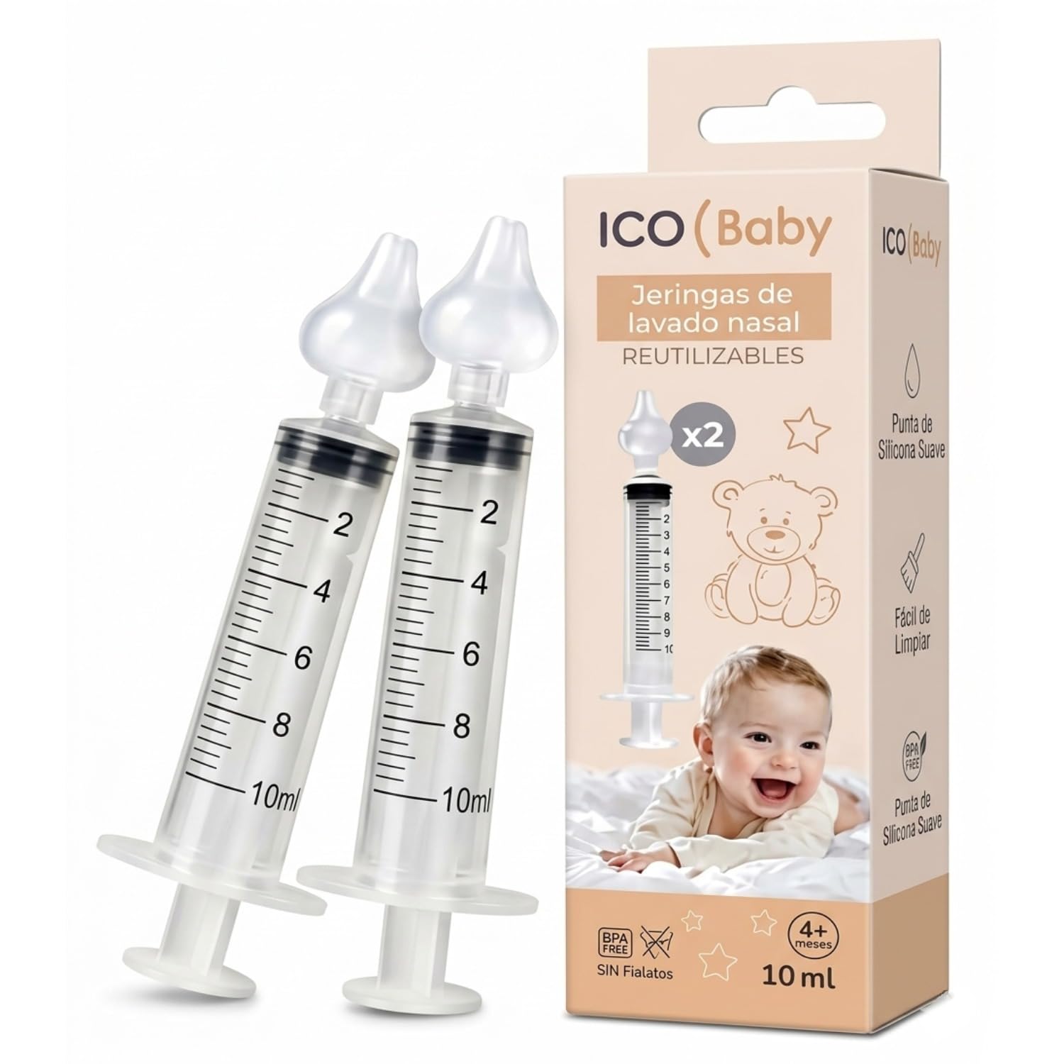 ico Jeringa de Lavado Nasal para Bebés, 10 ml, Pack de 2 Unidades | Boquilla de Silicona Suave, Sin BPA ni Látex, Desde 4 Meses, Para Higiene Nasal Infantil
