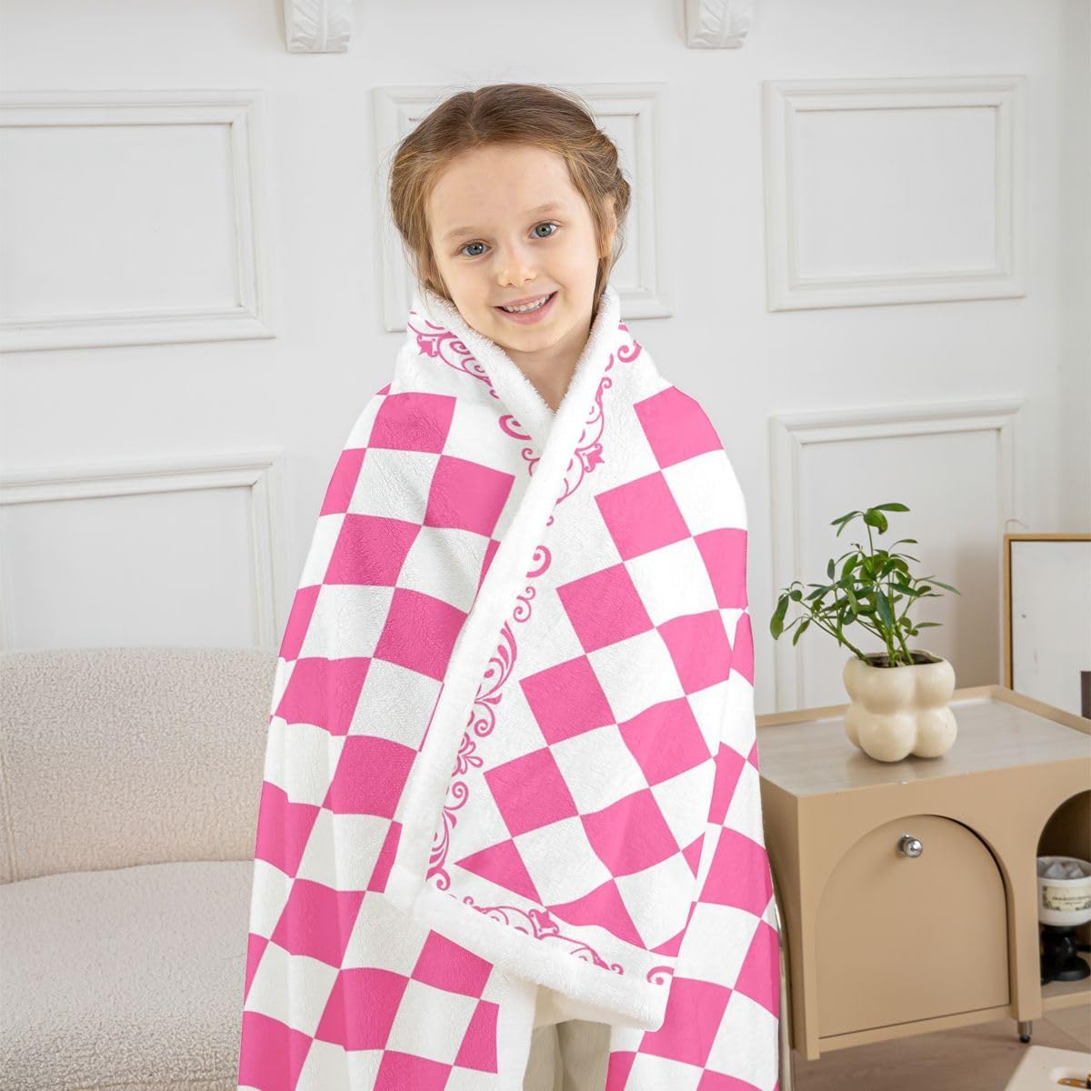 Feelyou Pink Grid Sherpa Blanket Plush Fuzzy Buffalo Check Fleece Throw Blanket Boys Girls Small Diamond for Bed Couch Chair Living Room Mini Check Bedroom Decor Twin 60"x80" image 5