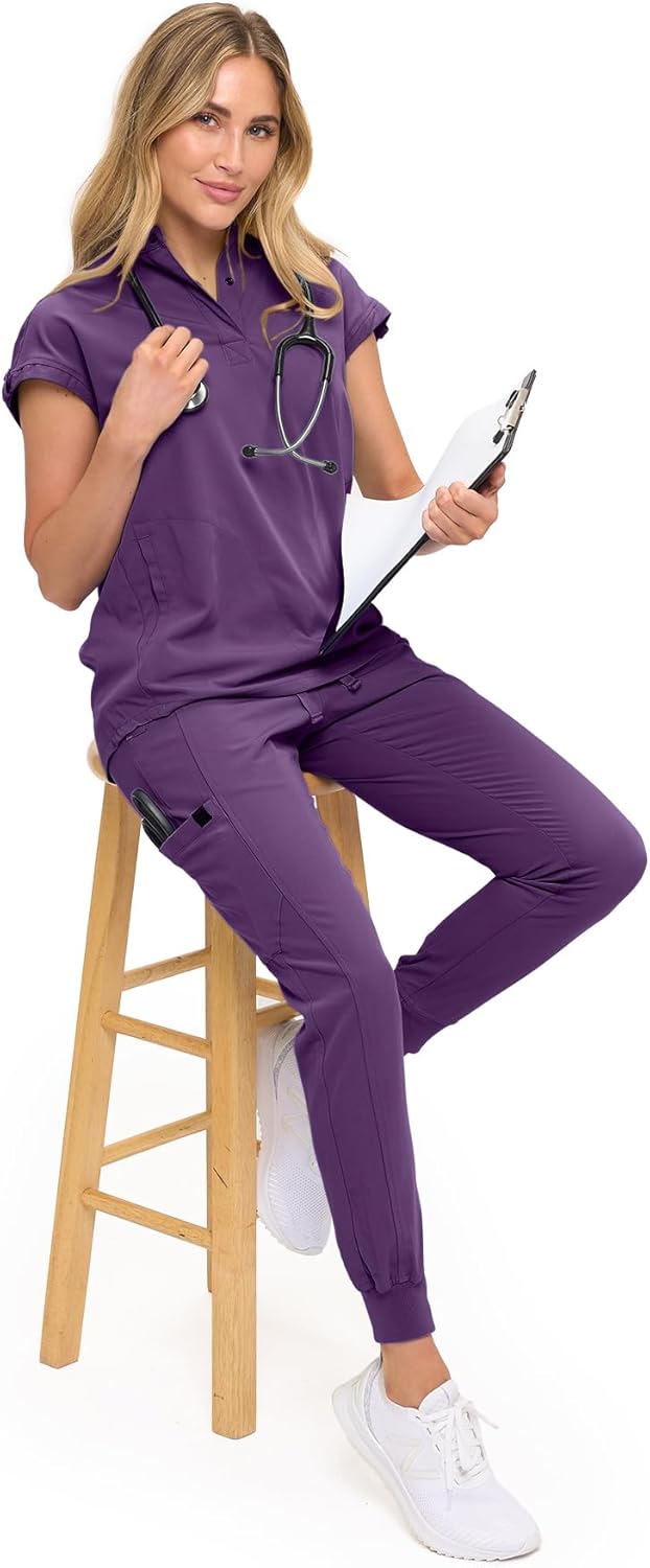 Womens Jogger Scrub Set with Oversized Scrub Top with Mandarin Collar. Supreme Comfort Scrub Set for Women