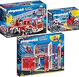playmobil feuerwehrstation alt  Playmo PLAYMOBIL City Action 3er Set 9462 9463 9468 Große Feuerwache + Feuerwehr-Leiterfahrzeug + Feuerwehrmänner mit Löschpumpe