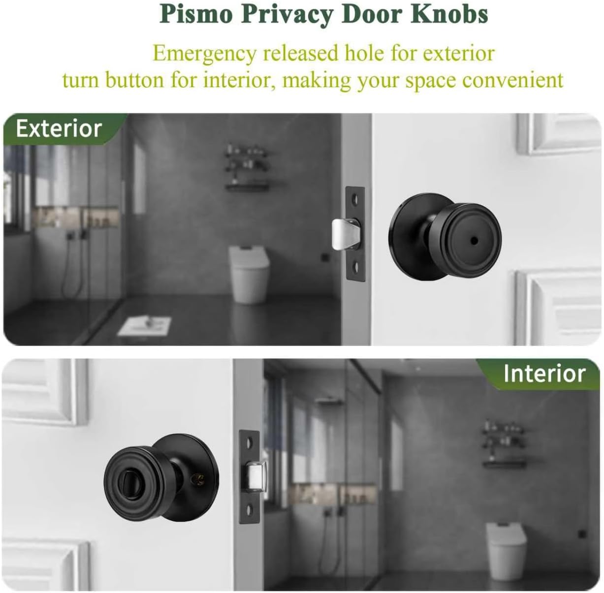 Black Door Knobs Interior 2 Pack, Pismo Doorknob for Bath & Bed, Privacy Door Knob with Lock