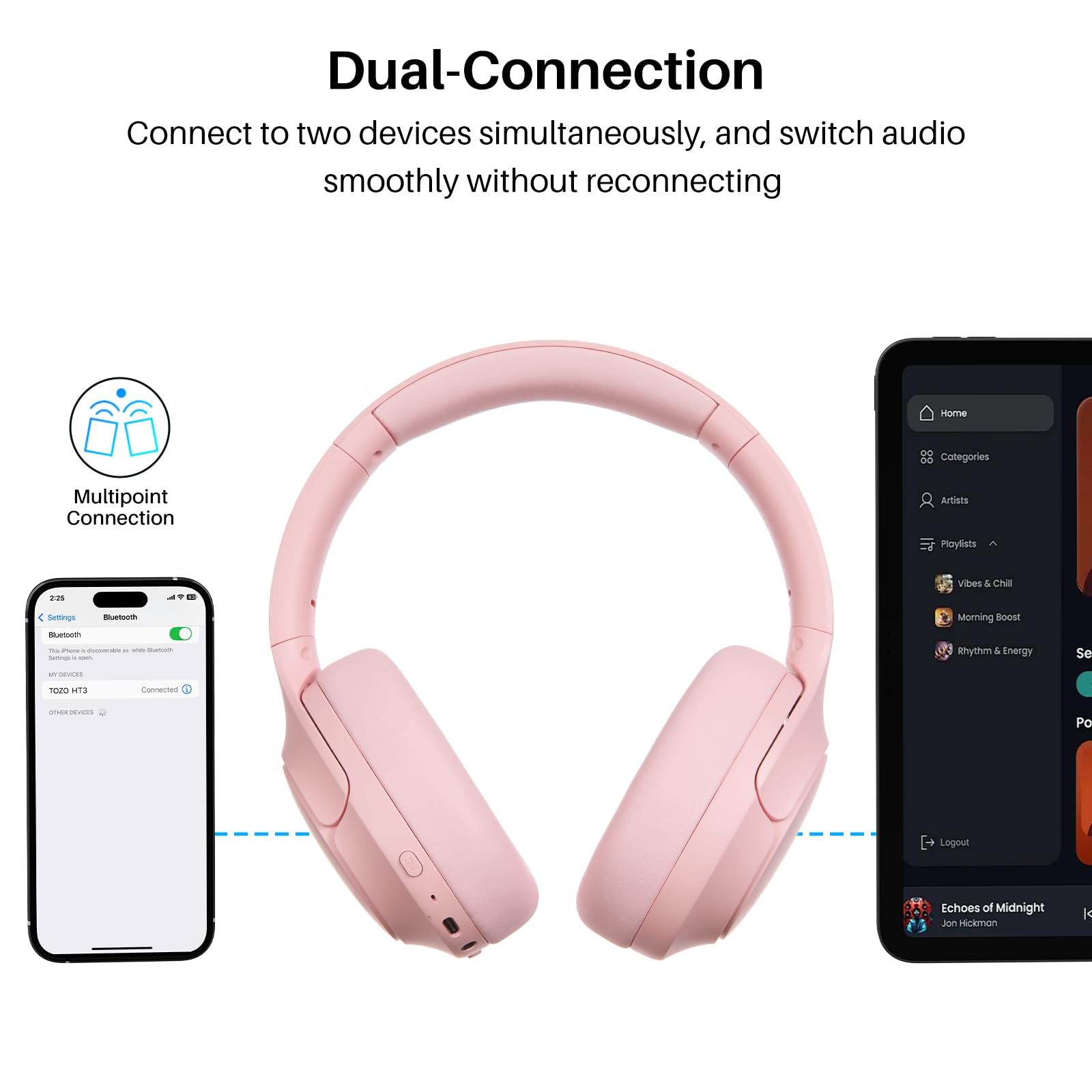 TOZO HT3 Hybrid Noise Cancelling Wireless Headphones, 90H Over Ear Headset view 5