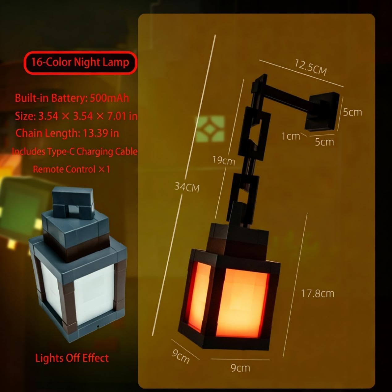 Pixelated Lantern Night Light,2026 New 16 Colors Rechargeable LED Lamp with Remote,Rechargeable Table/Wall Night Lamp, for Bedroom & Home Decoration