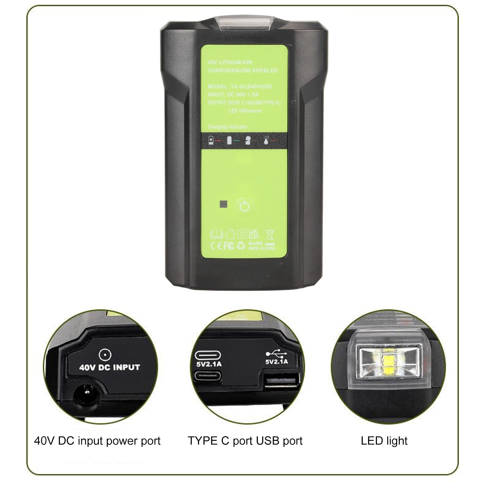 Caricabatterie 40V per Greenworks 29472 29482 29462 29252, Caricabatterie Agli Ioni di Litio con Luce LED Dimmerabile, Porta USB e Tipo C