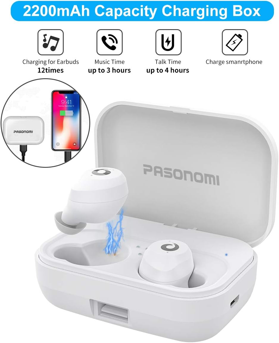 PASONOMI [2019 Version] Bluetooth Earbuds Wireless Headphones Bluetooth Headset Wireless Earphones IPX7 Waterproof Bluetooth 5.0 Stereo Hi-Fi Sound with 2200mA (White)