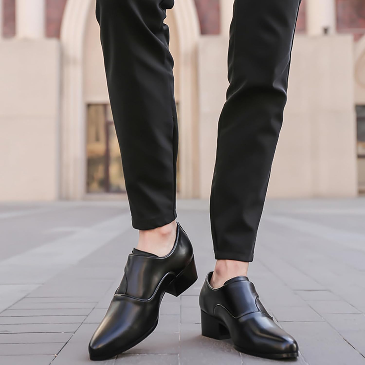 Men's Genuine Leather Chunky Heel Monk Strap Dress Loafers Fashion Classic Pointed Toe Low Top High Heel Slip On Chelsea Oxford Shoes Casual Business Formal Shoes - Image 2