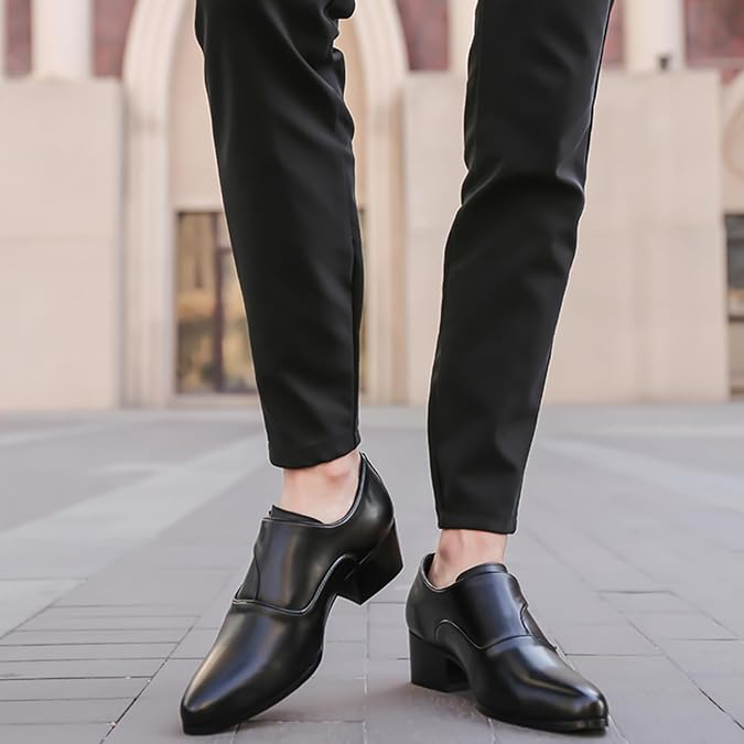Men's Genuine Leather Chunky Heel Monk Strap Dress Loafers Fashion Classic Pointed Toe Low Top High Heel Slip On Chelsea Oxford Shoes Casual Business Formal Shoes