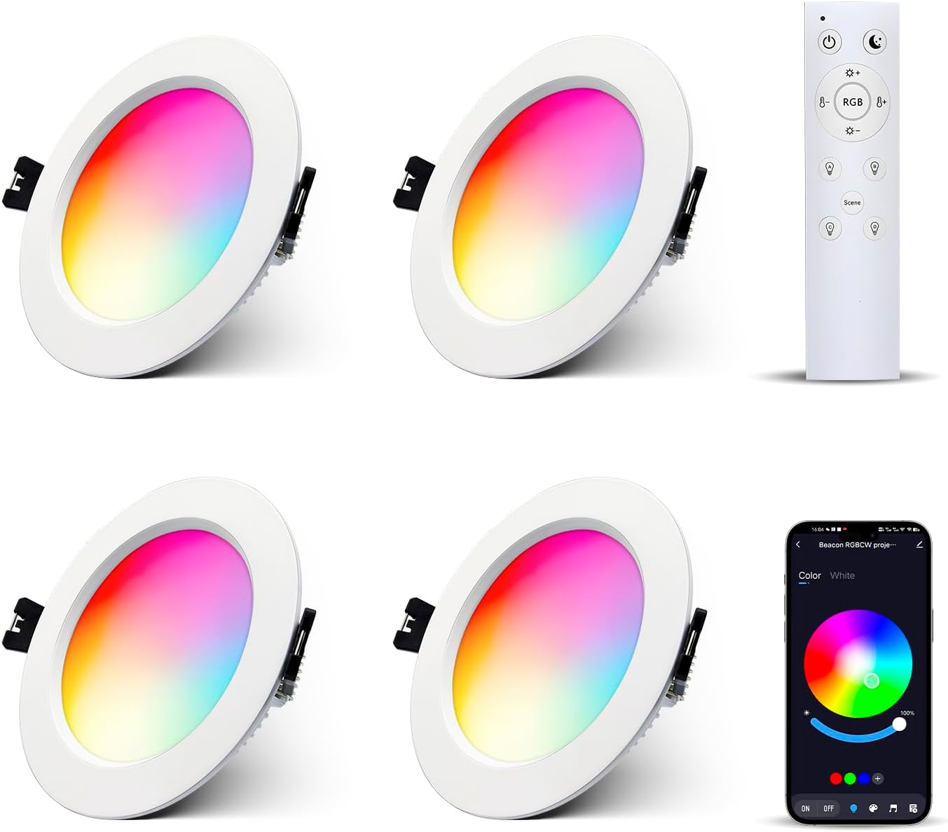 4 x LED Recessed Spotlights Dimmable 10W, RGBW Bluetooth LED Ceiling Spotlight with Remote Control APP Color Change RGB+Warm White+Cold White LED Recessed Light, Round LED Recessed Spotlight 230V for