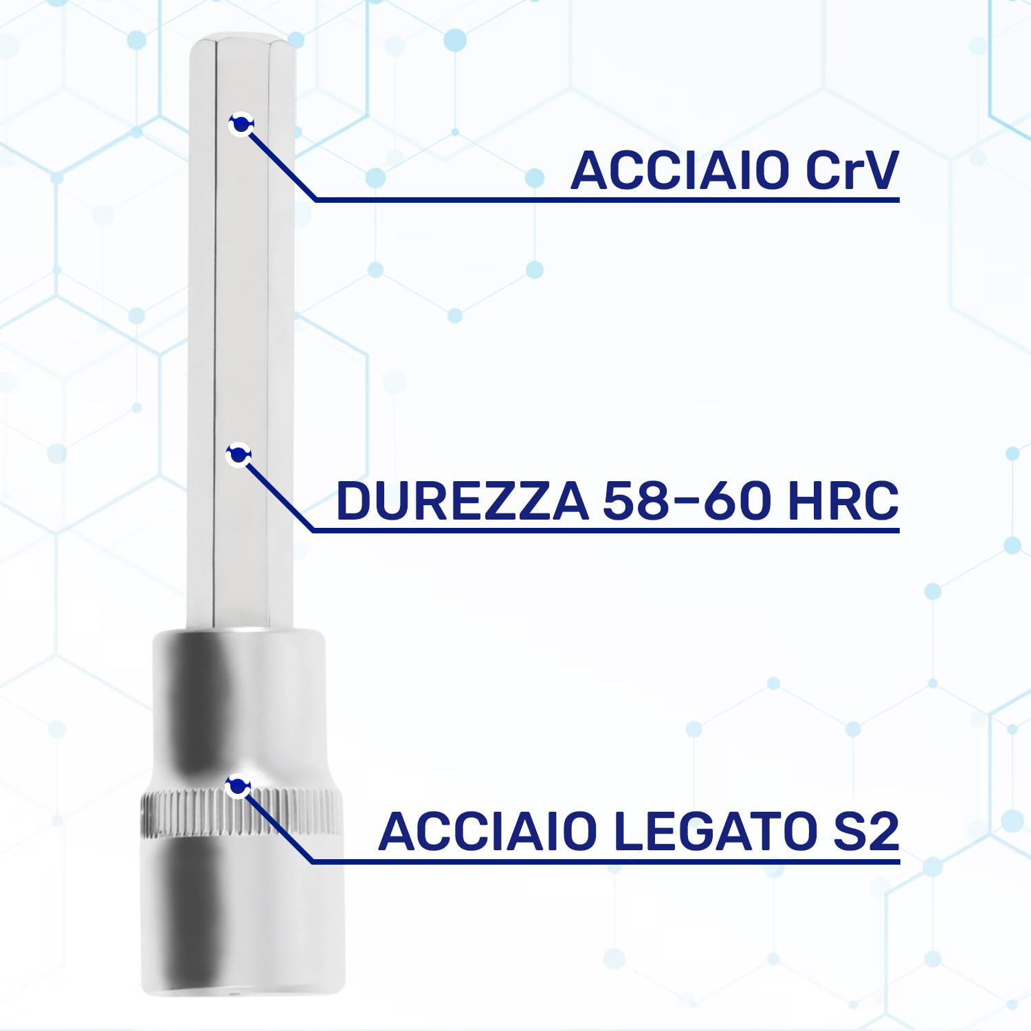 Chiave a Bussola con Inserto Esagonale 7 mm x 100 mm per Aree Difficilida - Chiavi Bussola 1/2" - Realizzata in Acciaio Cromo Vanadio - MONTERAL