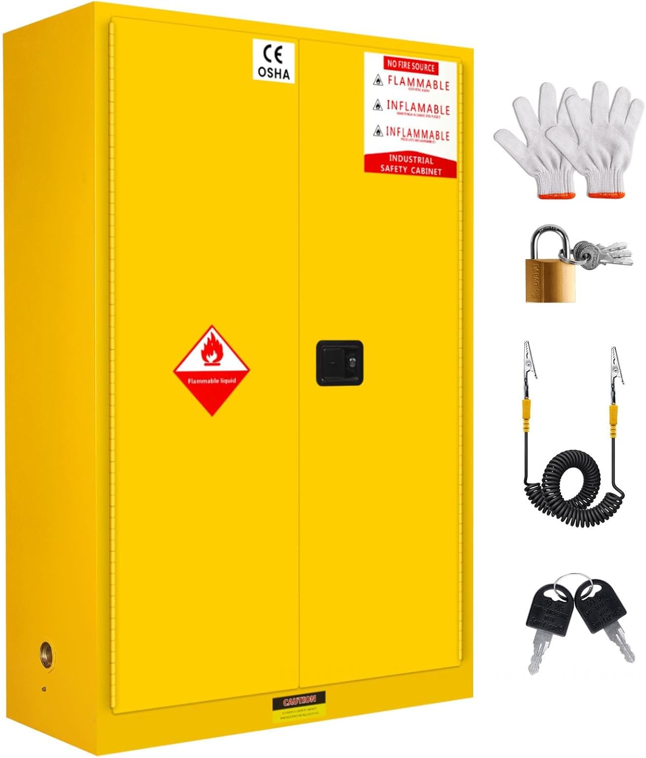 100 Gallon Hazardous Storage Cabinet, 70'' H x 45'' W x 20'' D Galvanized Steel Flammable Safety Cabinet w/Adjustable Shelf & Locking Door, Safety Locker for Lab, Garage, Hazardous Materials, Yellow
