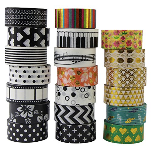 Juego de 20 rollos de cinta adhesiva Washi Tape para manualidades, scrapbooking, color dorado y negro Cover