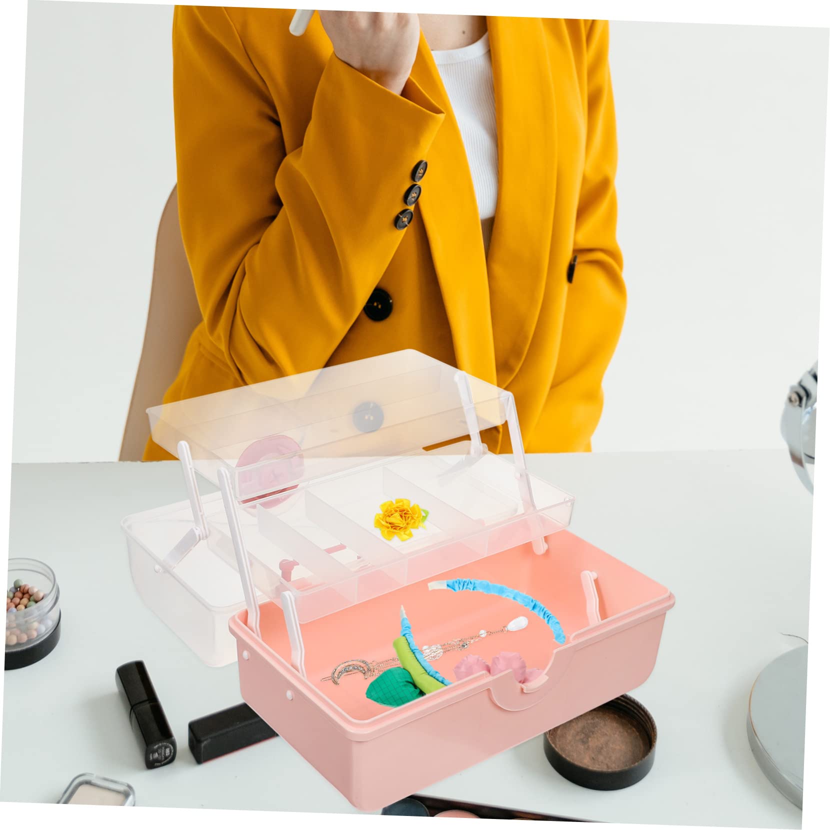 VANZACK Multifunktionaler Aufbewahrungsbehälter für Haarspangen und Haargummis Großer Rosa Kunststoff Organizer mit Mehrlagigem Design für Mädchen und Kinder