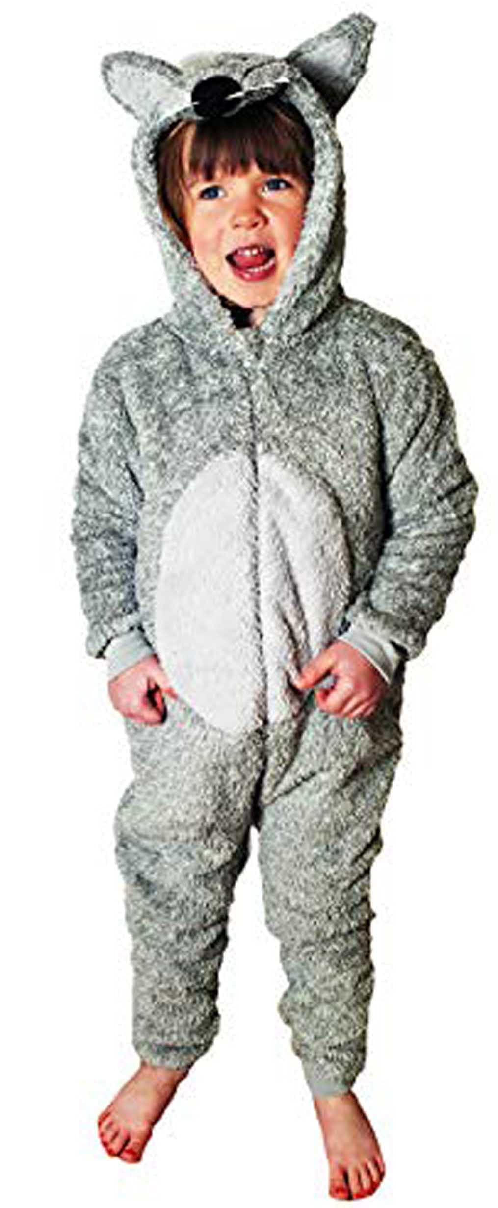 Einteiler für Jungen oder Mädchen, flauschiger grauer Wolf mit Schwanz, superweiches Fleece-Kostüm, AllinOne für Kinder, Alter 2–13 Jahre