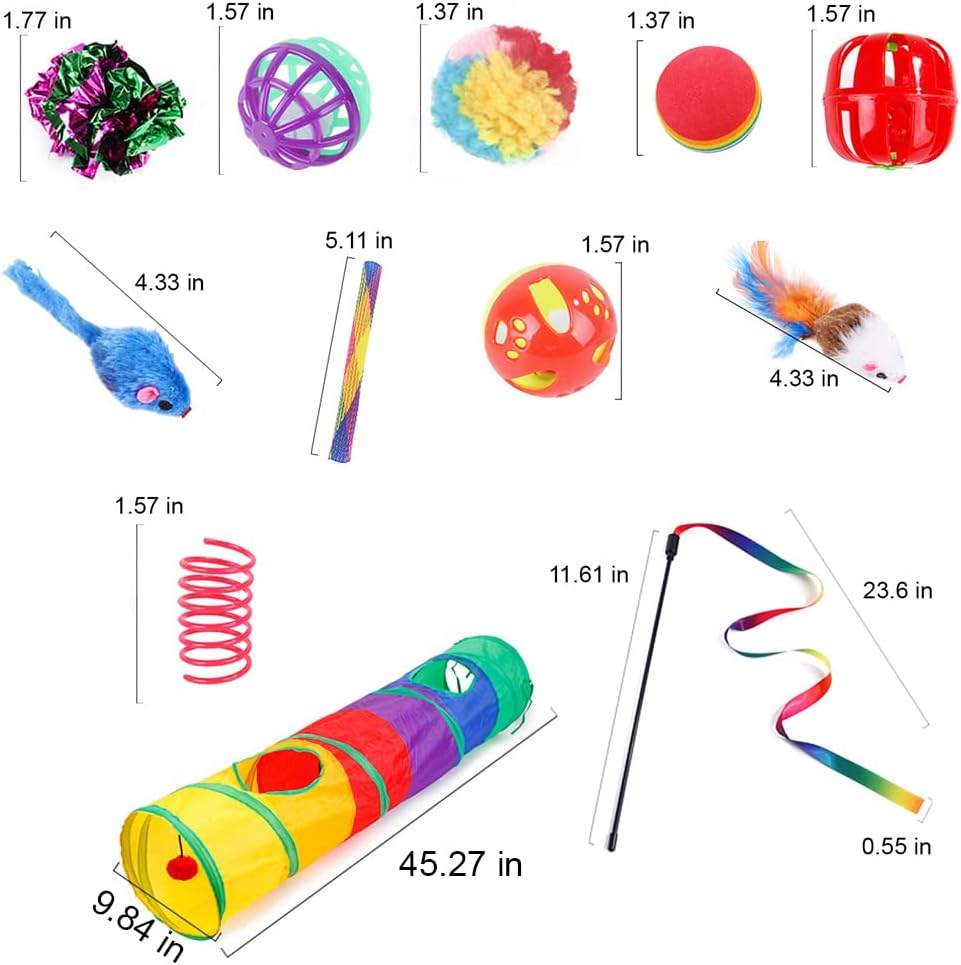 24 PCS Cat Toys Set,Interactive Cat Toy Pack Including Cat Crinkle Balls,Sparkle Balls,Spiral Springs,Collapsible Cat Tunnels,Colorful Balls and Bells,Funny Stick and Catnip for Indoor Cat