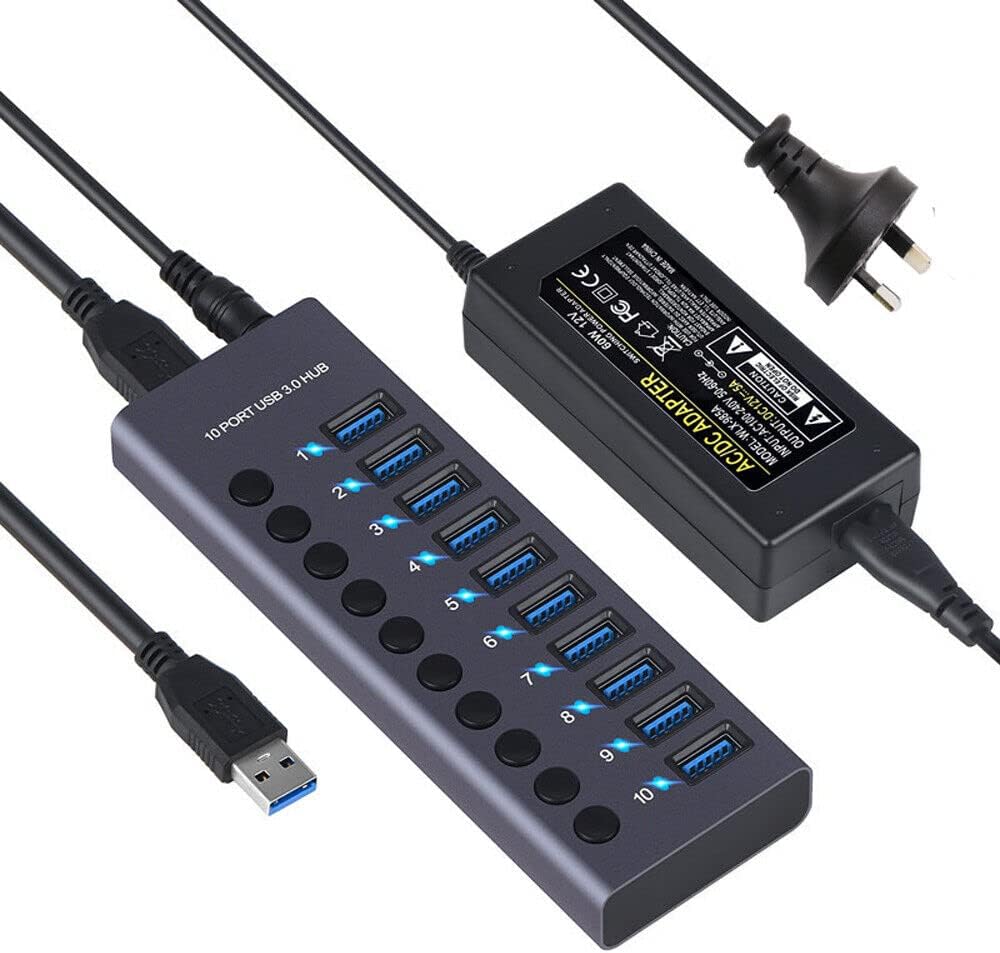 RUNAAJA 4/7/10 Port USB 3.0 HUB Powered +High Speed Splitter Extender Power Supply for MacBook Mac Pro/Mini iMac Surface Pro Laptop/PC (985A-10 Joggle)