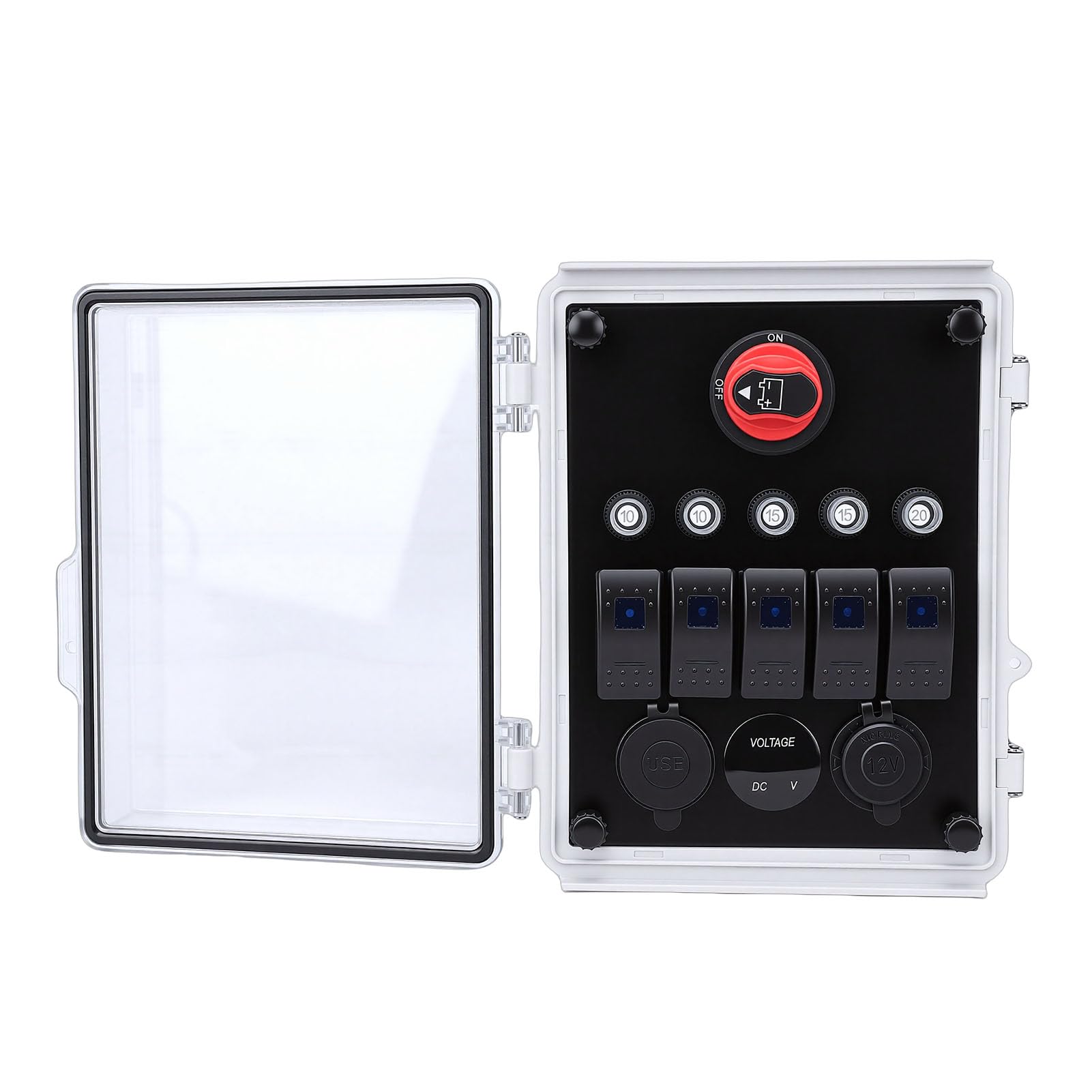 Dpofirs Caja de Panel de Interruptor Basculante Impermeable, Centro de Control de Energía Marina Precableado de 5 Bandas con Cargador USB PD y Voltímetro, para Camión, RV, ATV, Barco, Automotriz