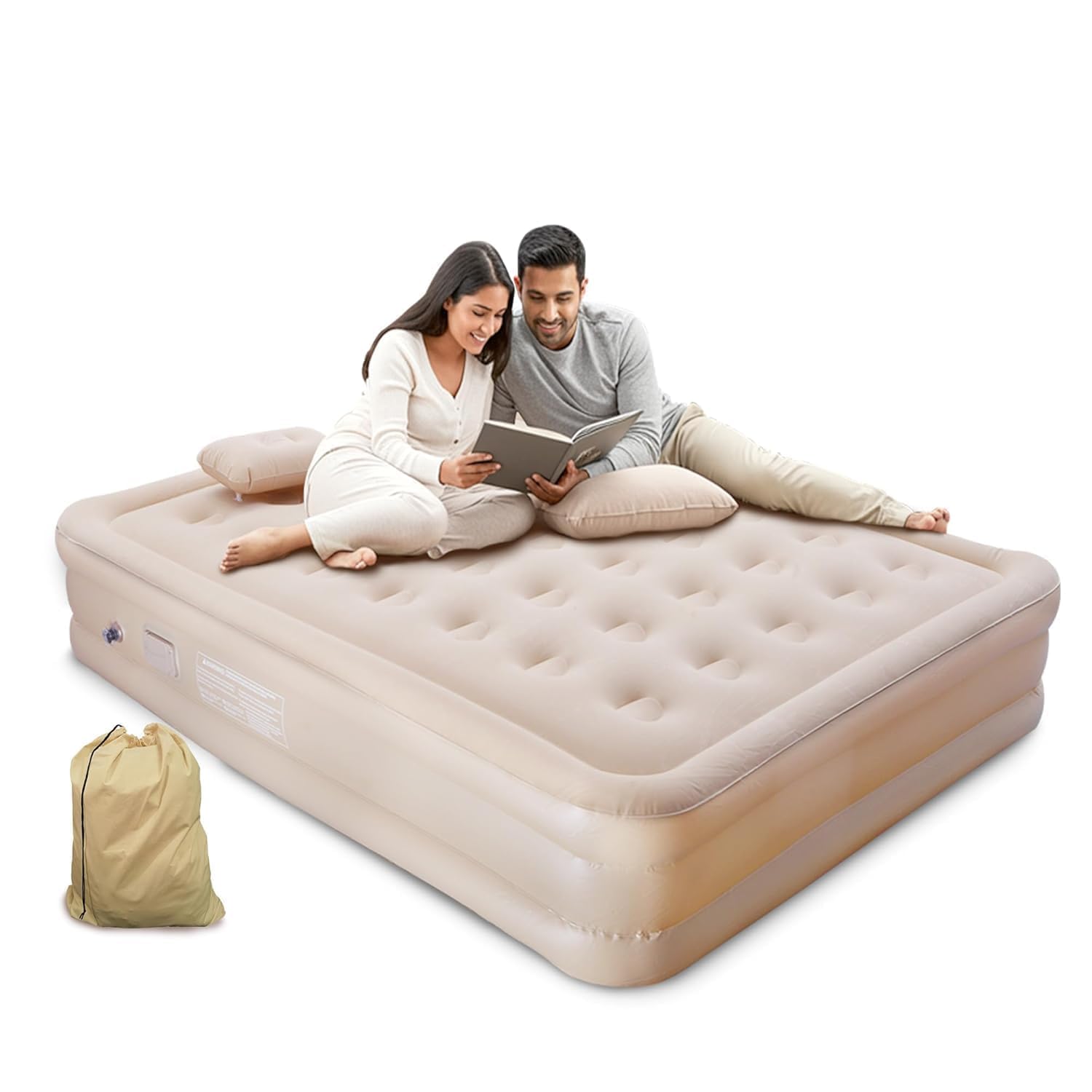 Double Bed Air Mattress with Built in Electric Pump Queen Size Inflatable Sleeping Bed Waterproof Flocked Surface Foldable Air Bed with Pillow Carry Bag for Home Travel Camping Guest Use-image-11
