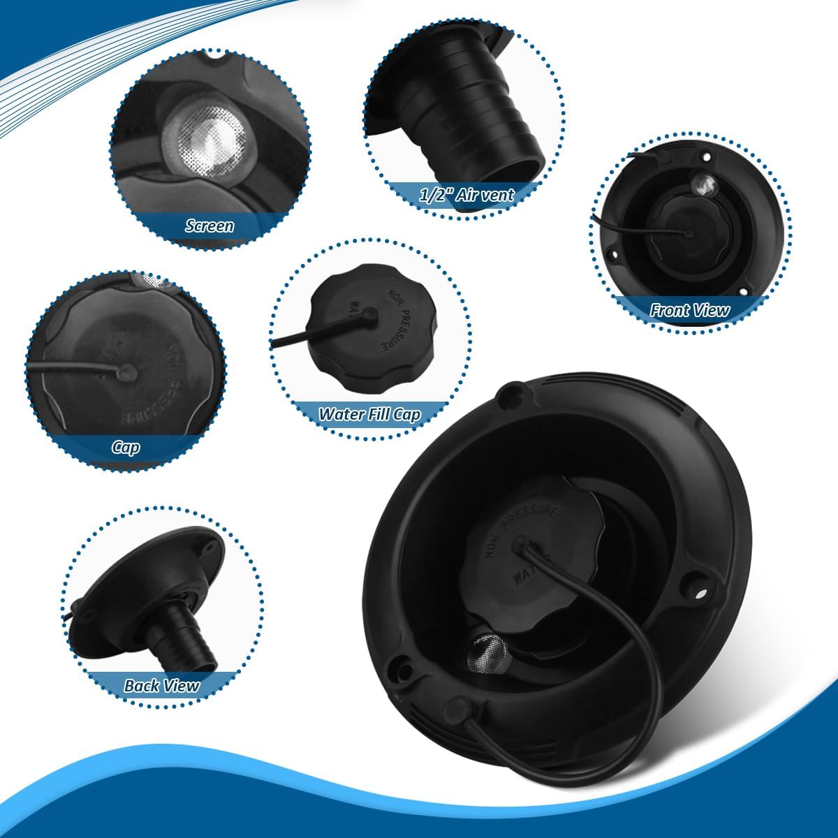 RV Round Fresh Water Gravity Fill Hatch Inlet for RV Water Inlet Replacement, RV Water Fill Hatch, Camper Water Inlet Hatch, Trailer Water Fill Hatch Inlet - Black