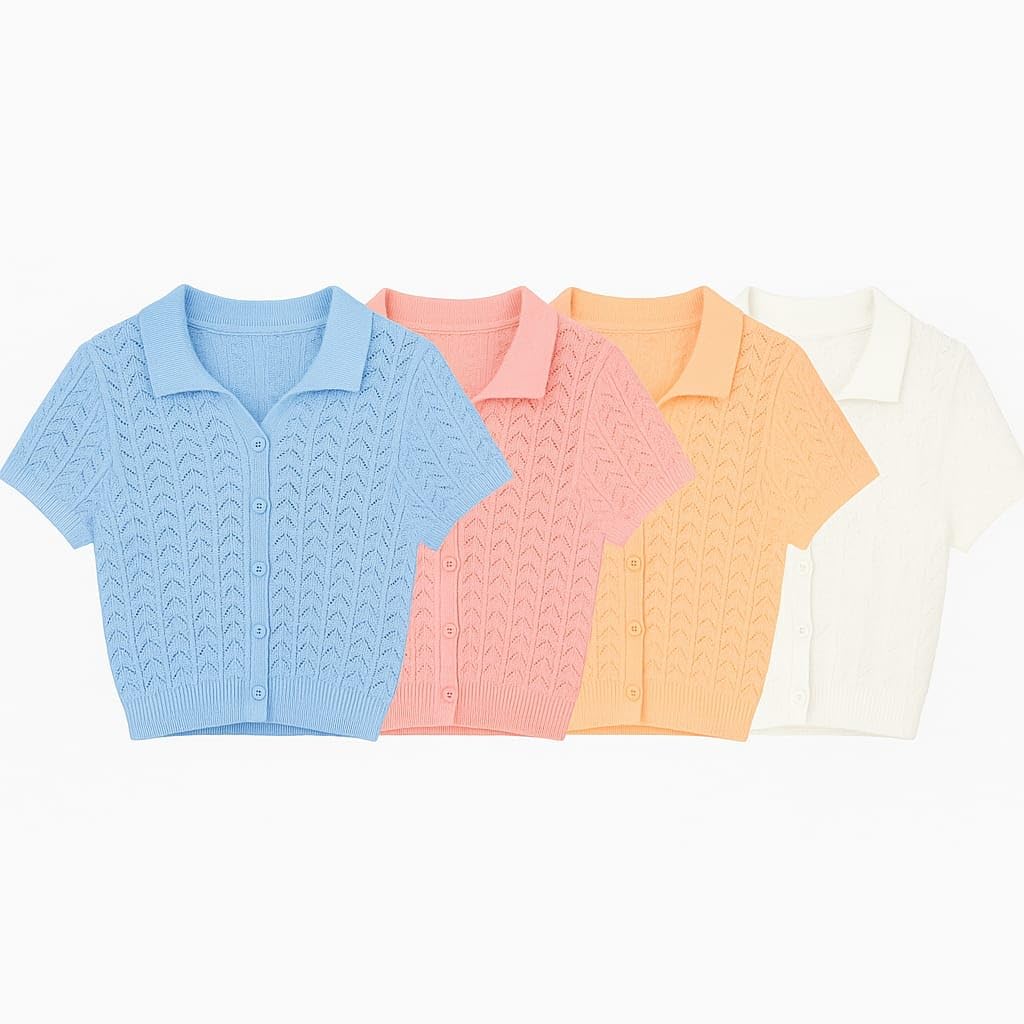 Women's Short Sleeve Knit Cardigan, Pointelle Pattern, Button Front, 4 Colors - Blue, Pink, Yellow, White-image-27