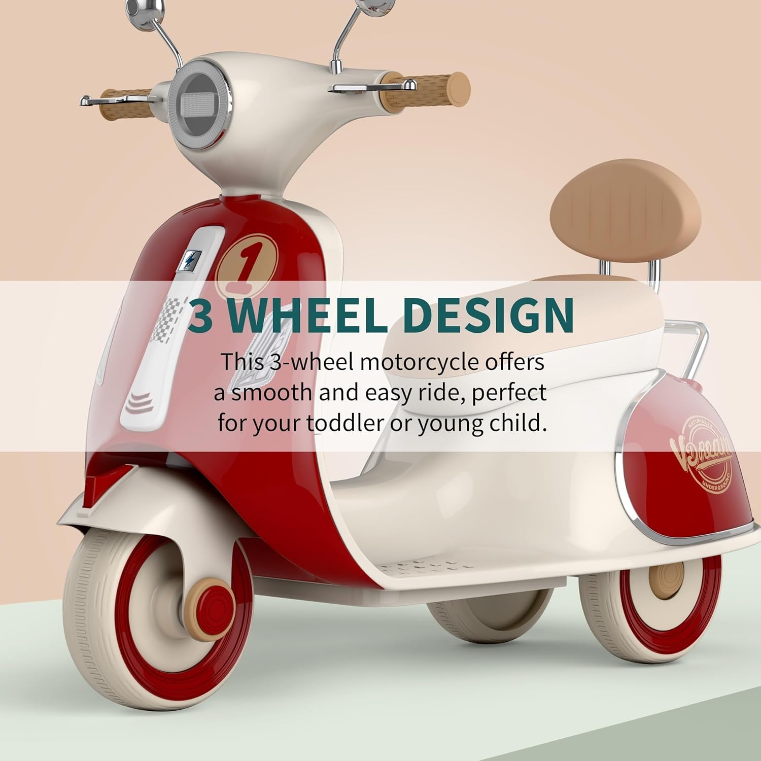 kidsROAR Electric Bike for Kids, Battery Operated Vintage Scooter for Girls and Boys with Music Wide Seat, Safe Bike for Kid, Ages 2-6 Years, Stylish & Fun Design (Red) - Image 3 thumbnail