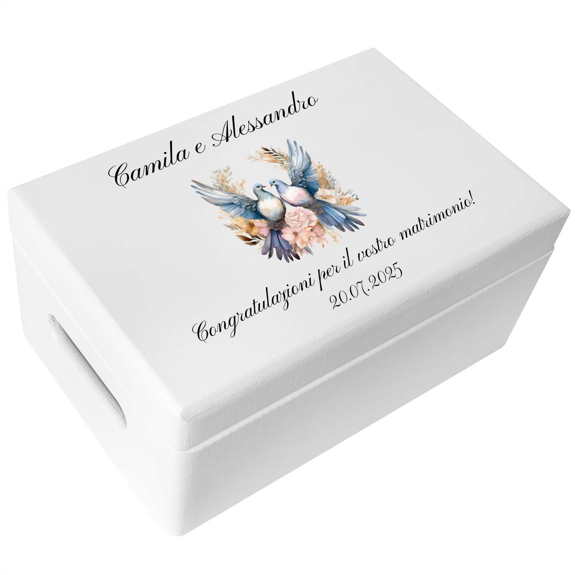 Creative Deco Scatola Ricordo Matrimonio Personalizzata, Colombe Blu | Bianca, in legno, incisione personalizzata, stampa a colori, scatola regalo per nozze