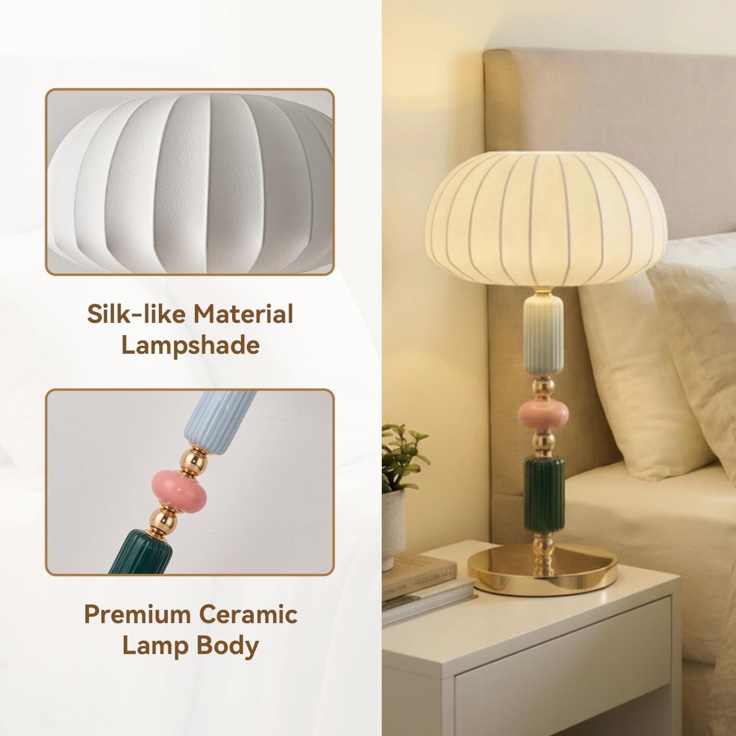 ModernSilk-Like Lampshade Table Lamp E26 Bedside Lamp with Ceramic & Metal Base, 11.81” W x 20.86” H, Small Table lamp Plug in，Modern White Ceramic lamp