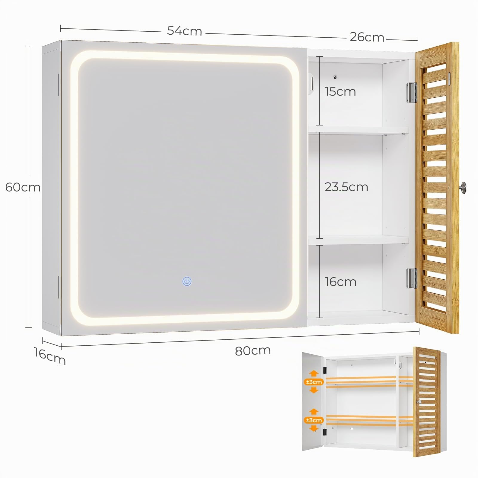Specchio Bagno con 2 Ante, Specchiera Bagno con Illuminazione LED Dimmabile a 3 Temperature di Colore, Specchio Contenitore Bagno con 4 Ripiani Regolabili, 80×16×60 cm