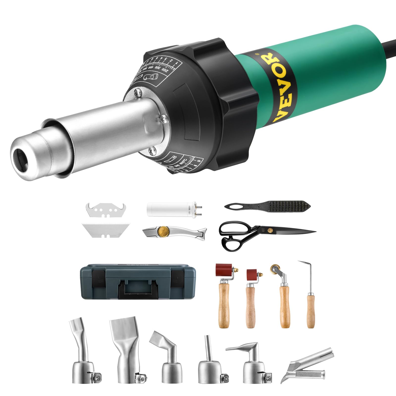 VEVOR Soudeur en plastique à air chaud, pistolet à air chaud de 1600 W, 50 à 600 °C en PVC TPO vinyle pour soudage de toiture en plastique avec 17 accessoires, boîte à outils, buse, rouleau, lames