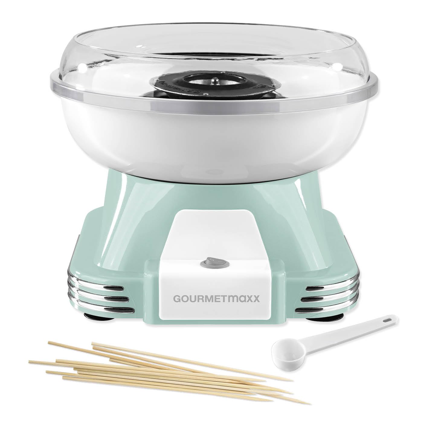 GOURMETmaxx Machine à barbe à papa pour la maison | L'original avec 10 bâtonnets & cuillère doseuse au design rétro nostalgique | Barbe a papa pour les fêtes d'enfants, les anniversaires [Menthe]