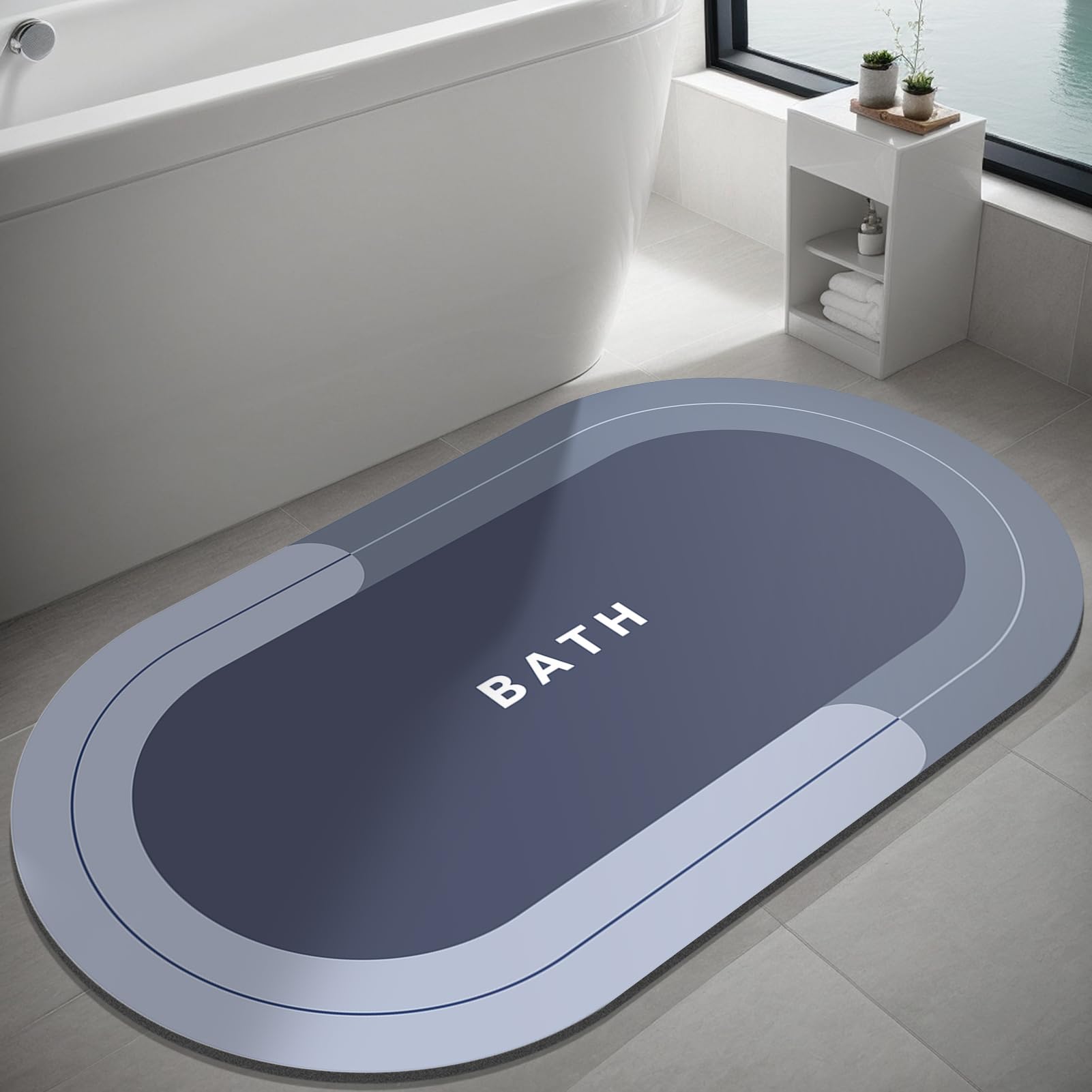 Doilc Bath Mat Rug for Tapis de Bain Tapis de Salle de Bains en Caoutchouc Antidérapant à Séchage Rapide (Blue, 60 x 90 cm (Oval))