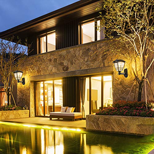 2 Pack Solar Wall Lantern Lights Outdoor Waterproof, Black Sun Powered Wall Light Fixtures, Sturdy Plastic Led Wall Lantern, Clear Warm White Lighting For Yard, Front Porch, Garage And Garden #TOP2