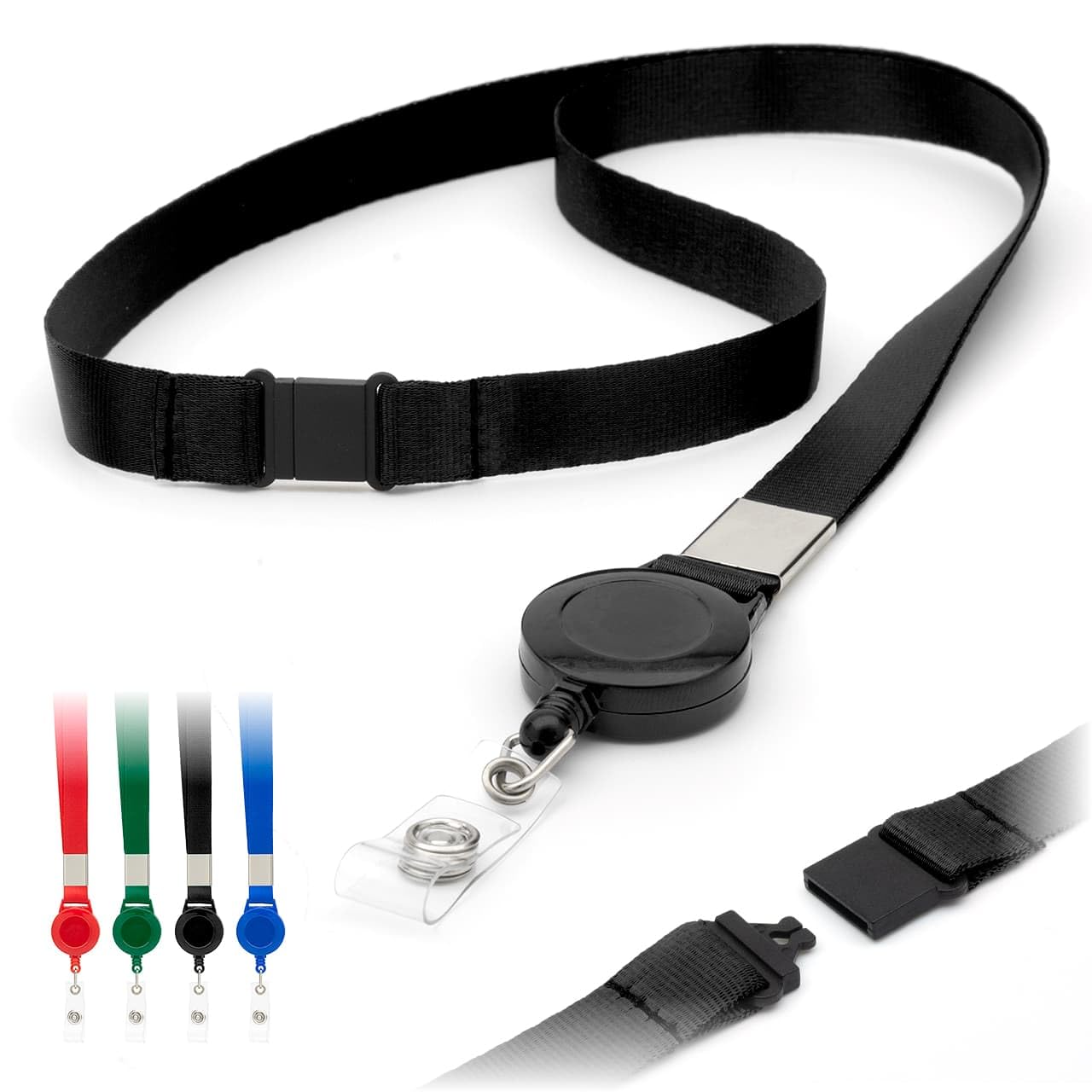 Black Retractable Lanyards Badge Holder by LanyardsTomorrow 15mm Flat Plain Neck Straps with Safety Breakaway Pull, ID Badge Holders Extendable Reel Clip Pack of 100